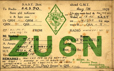 1929 QSL from South Africa..
 note ZU prefix
